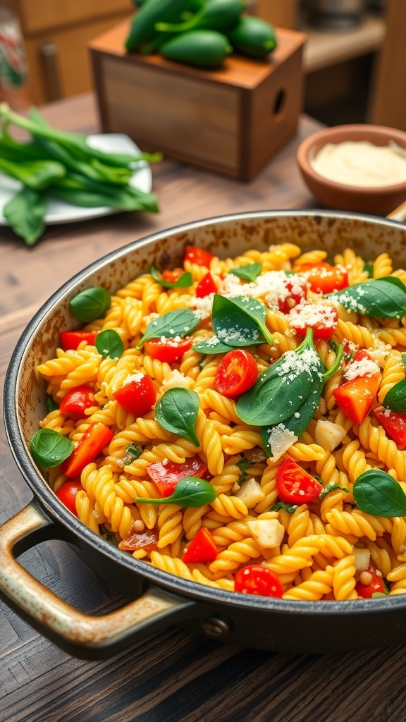A colorful one pot orzo skillet with vegetables and Parmesan cheese, served in a rustic skillet.